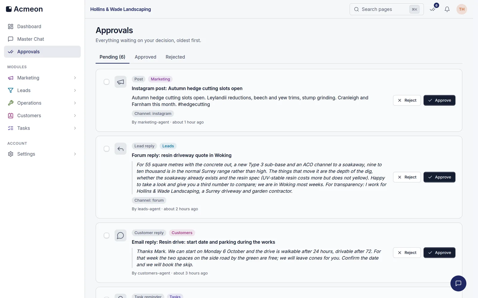 Acmeon approvals queue in a demonstration workspace: pending items oldest first, an Instagram post, a forum reply to a driveway enquiry and an email reply to a customer, each with Reject and Approve buttons