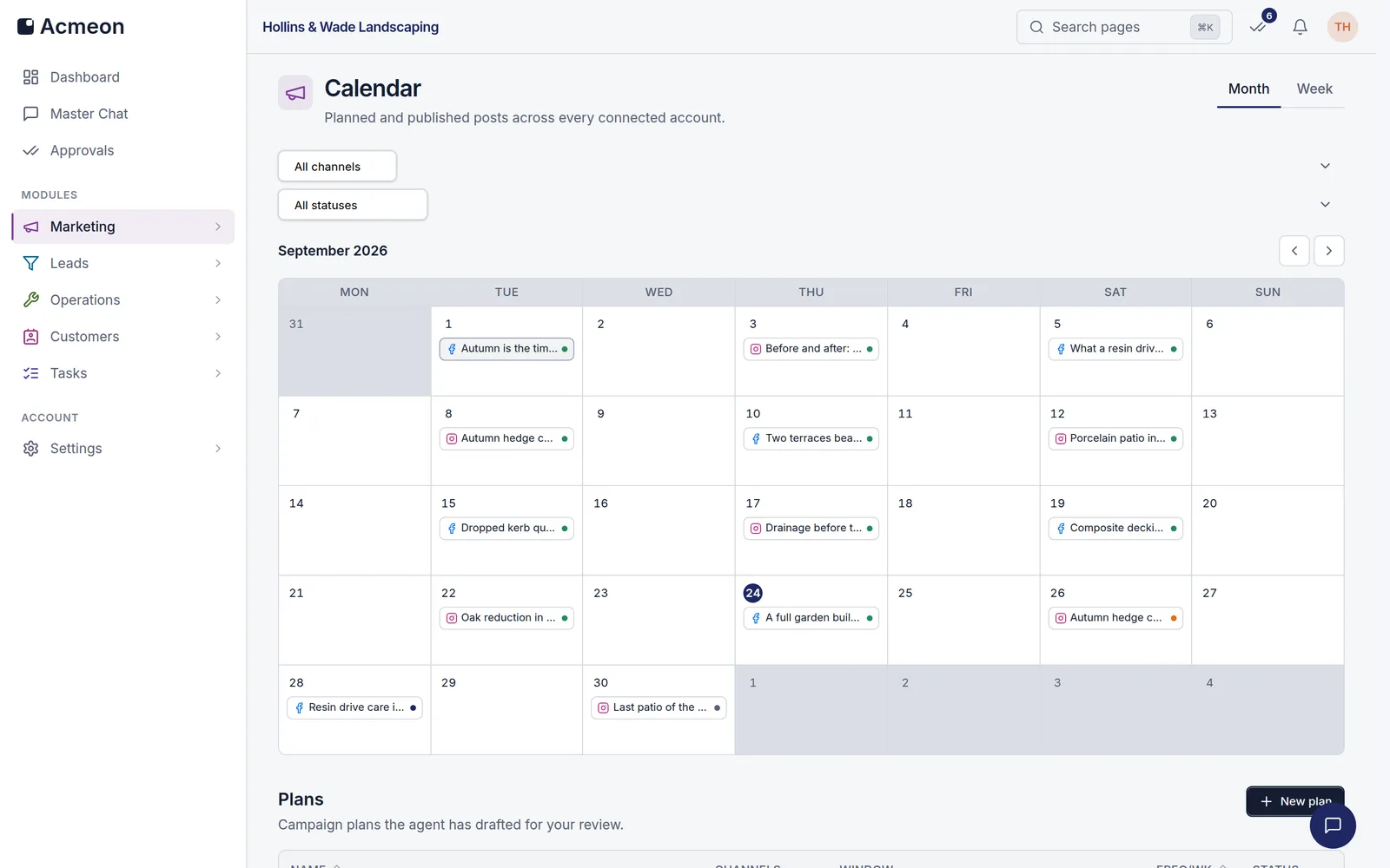 Acmeon marketing calendar showing August with post chips spread across the month, each marked with its channel and status